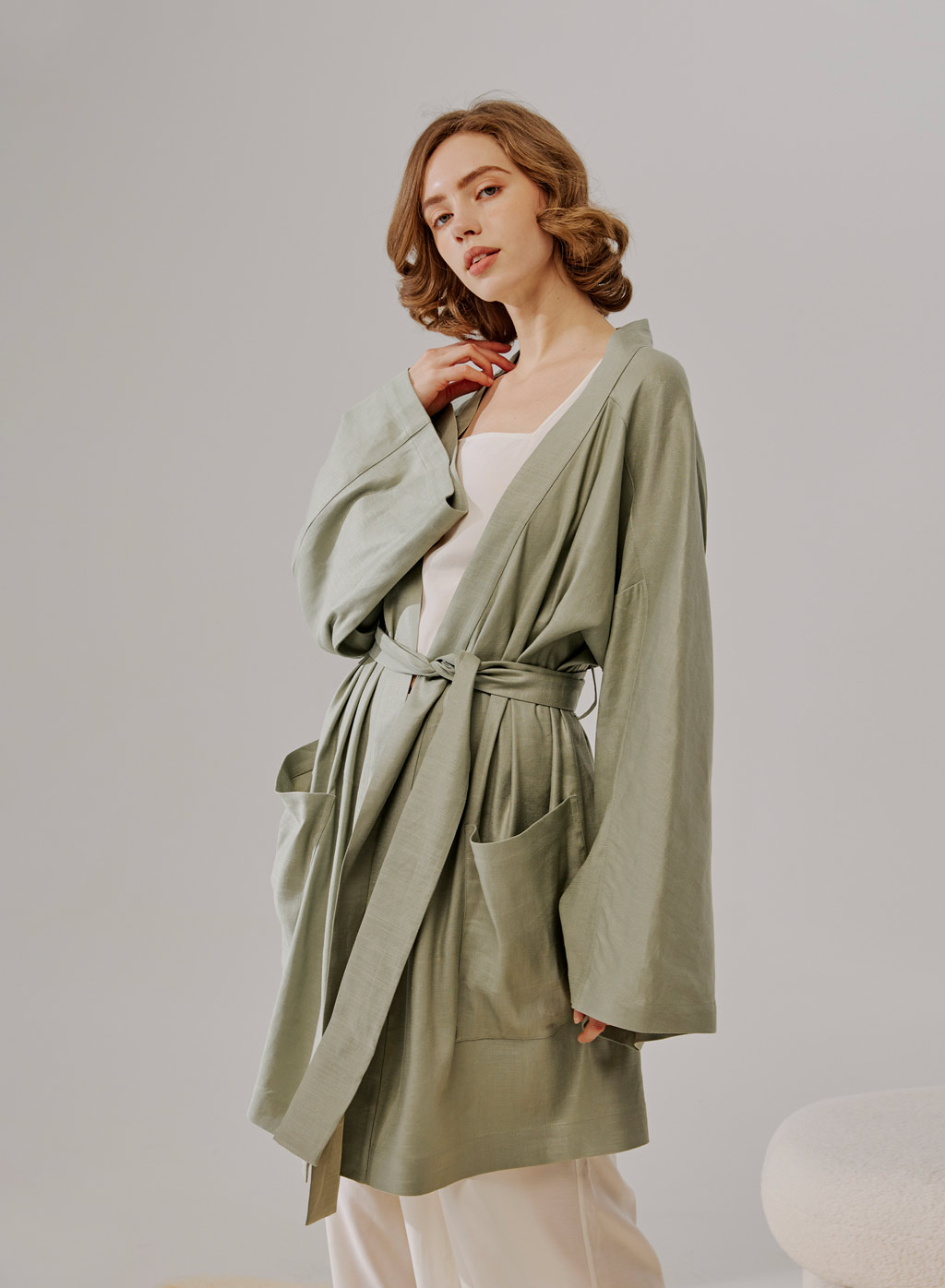 Lightweight Belted Mid-Length Robe with Pockets